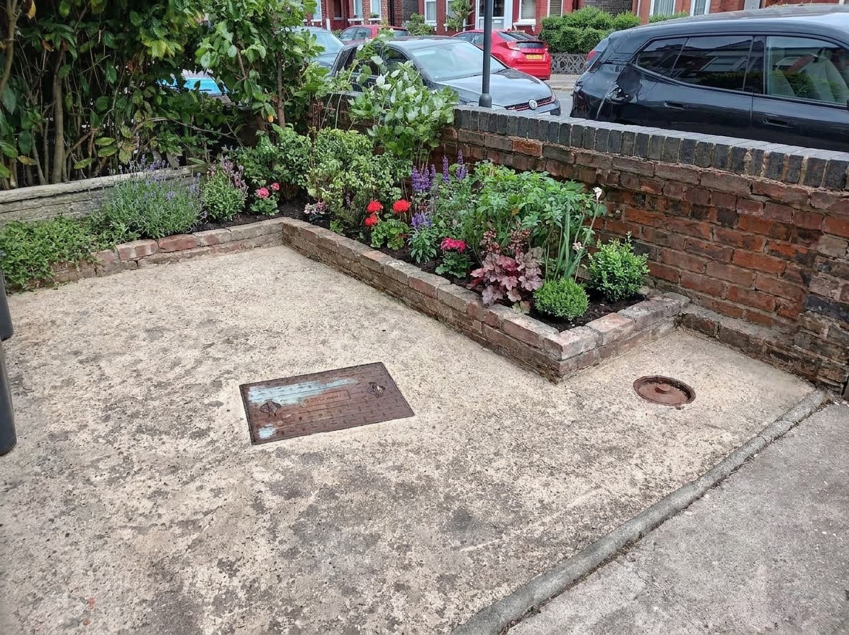 The same front garden reimagined by H&O — the raised bed full of lavender, salvia and shaped planting
